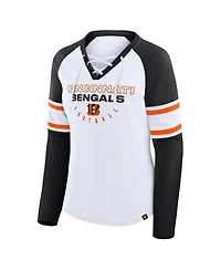 Fanatics Women's White/Black Cincinnati Bengals Redzone Blitz Package Raglan Lace-Up V-Neck Long Sleeve T-Shirt
