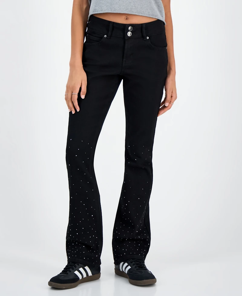 Madden Girl Juniors' Rhinestone Embellished Mid Rise Bootcut Jeans