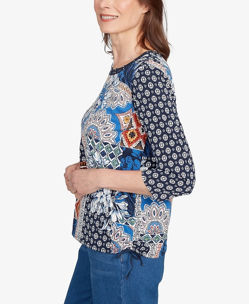 Alfred Dunner Petite Batik Patchwork Drawstring Closure Top