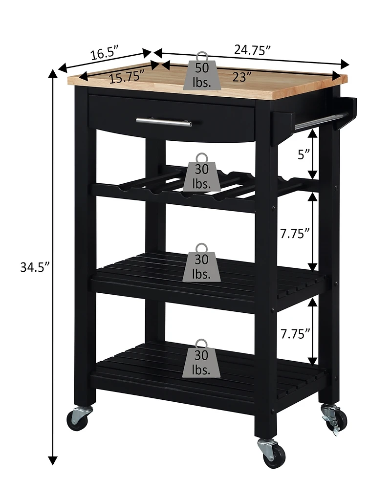 Convenience Concepts 24.75" Rubberwood Ellaine 4-Tier Butcher Block Kitchen Cart with Drawer