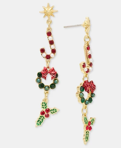 Holiday Lane Crystal & Imitation Pearl Candy Cane Linear Drop Earrings, Macy's Exclusive