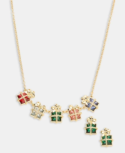 Holiday Lane Gold-Tone Multicolor Present Stud Earrings & Frontal Necklace Set