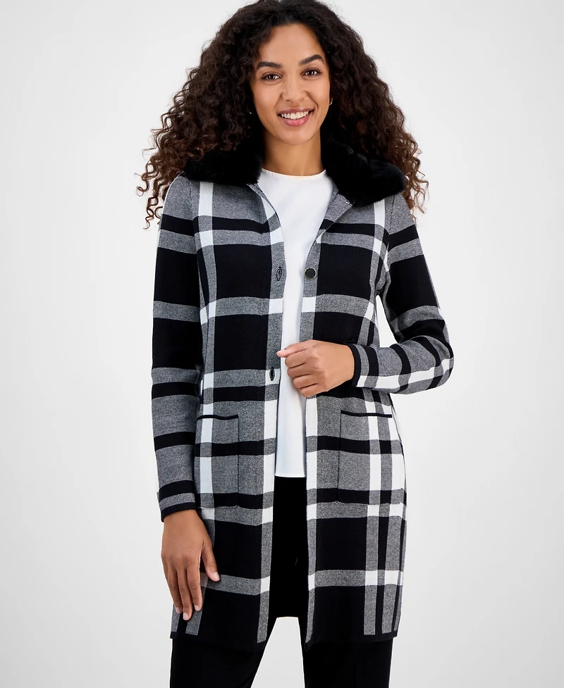 Kasper Women's Plaid Faux-Fur-Collar Coatigan