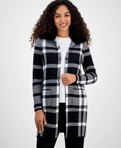 Kasper Women's Plaid Faux-Fur-Collar Coatigan
