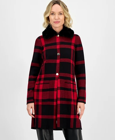 Kasper Women's Plaid Faux-Fur-Collar Coatigan