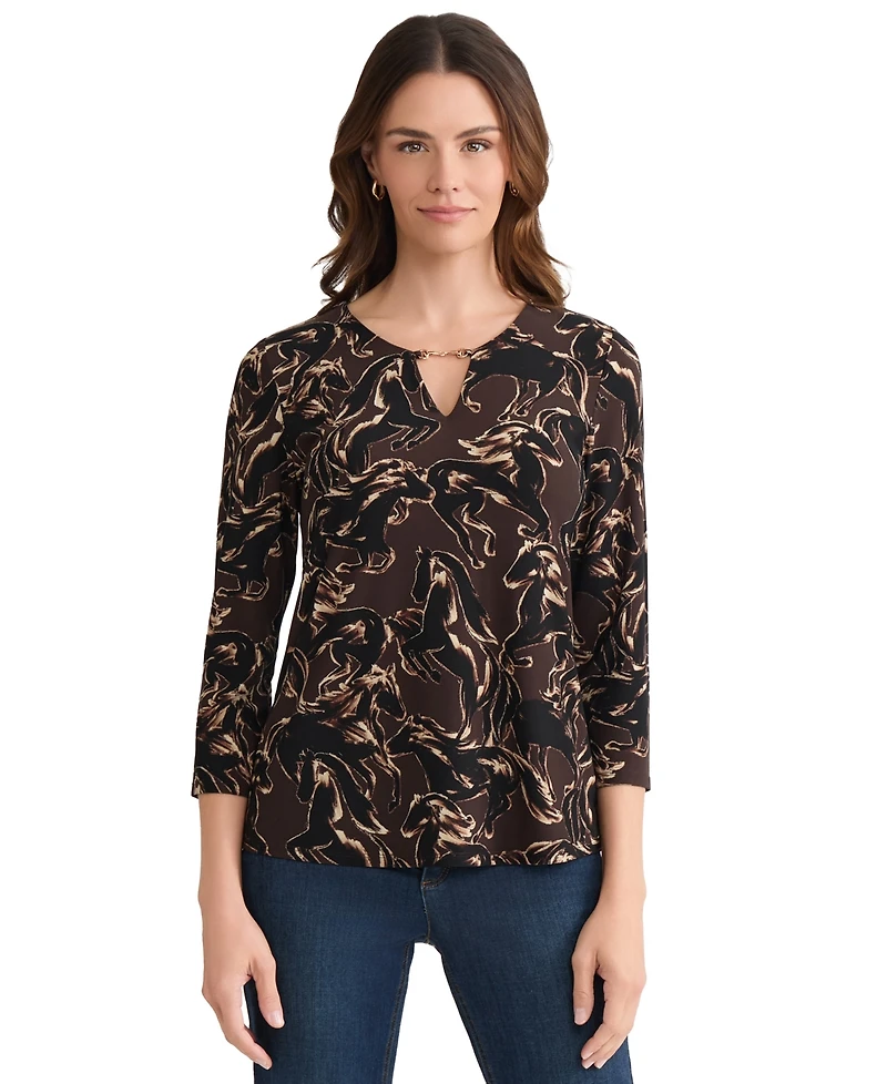 Jones New York Women's Trimmed V-Neck Printed Top