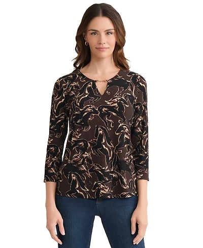 Jones New York Women's Trimmed V-Neck Printed Top