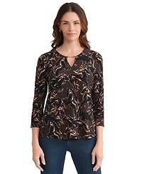 Jones New York Women's Trimmed V-Neck Printed Top