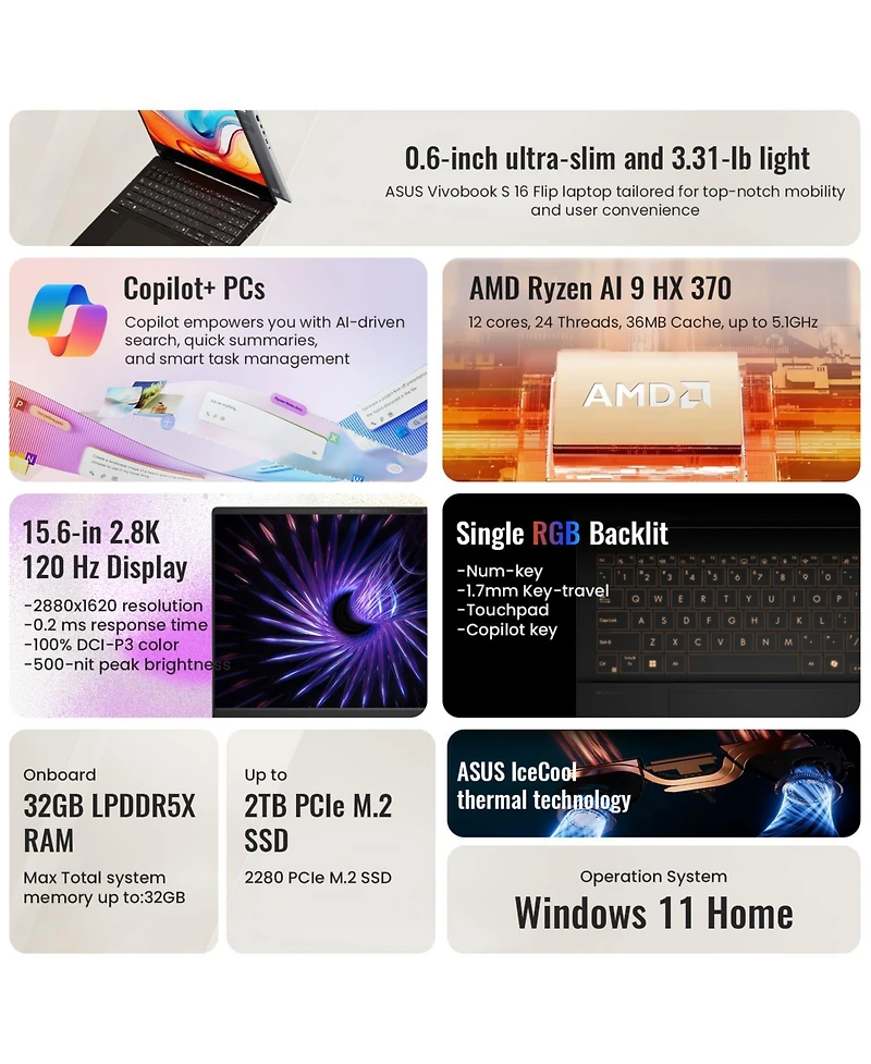 Asus Vivobook S 16 Flip 15.6" Laptop, Ryzen Ai 9 Hx 370, 32GB Ram, Radeon Graphics, 1TB Ssd, 2.8K 120Hz Display, Windows 11 Home, Black