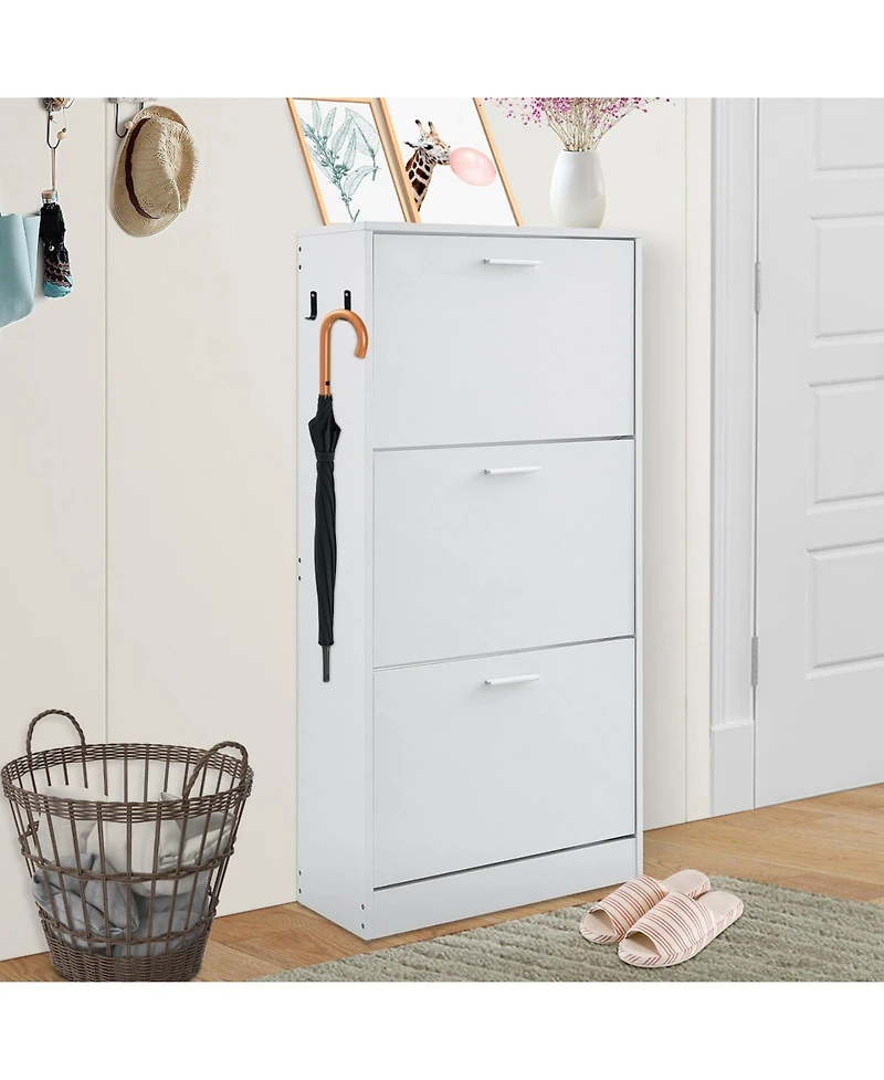 Slickblue Shoe Cabinet with 3 Flip Drawers and Side Hooks, Freestanding Entryway Organizer