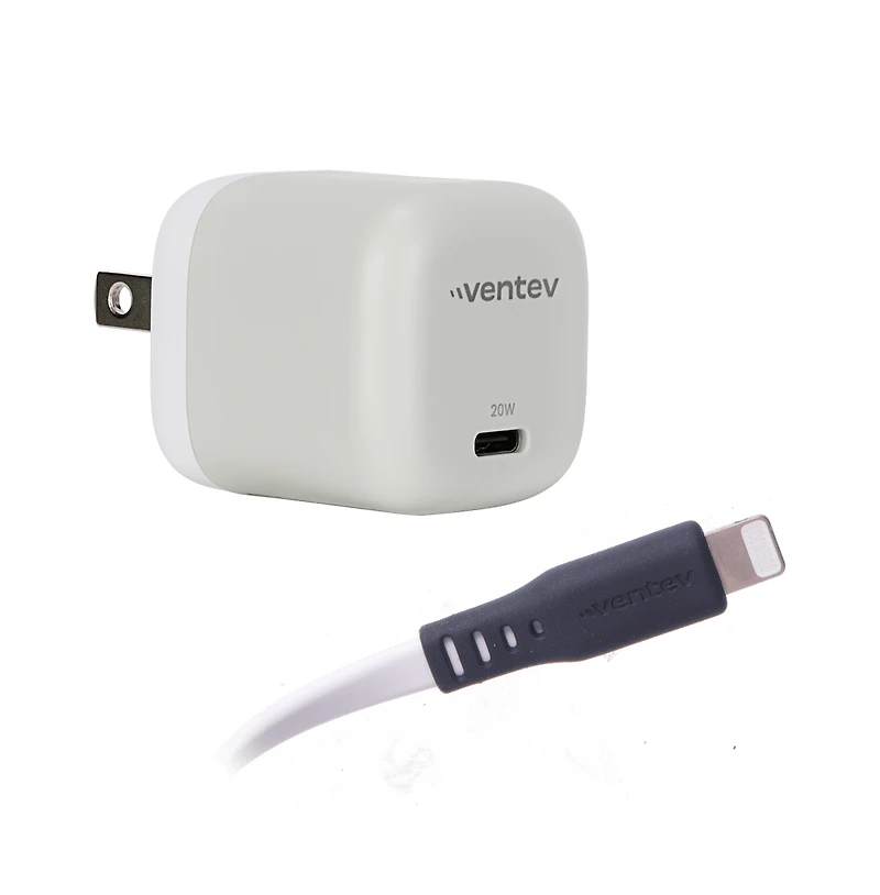 Ventev 20W Ultrafast Usb C Universal Mini Wall Charger and Usb C to Apple Lightning High Speed Cable-White