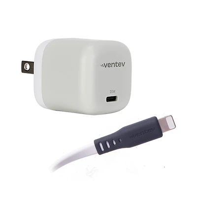 Ventev 20W Ultrafast Usb C Universal Mini Wall Charger and Usb C to Apple Lightning High Speed Cable-White