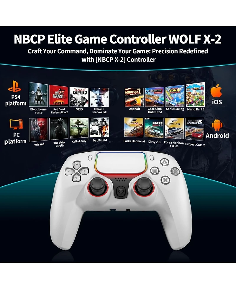Nbcp Wireless 5th Gen Elite PS4 Controller, 1200mAh Battery, Dual Motors, 6-Axis Gyro, 3.5mm Audio Jack, Turbo Mode, Compatible with PS4/Pc