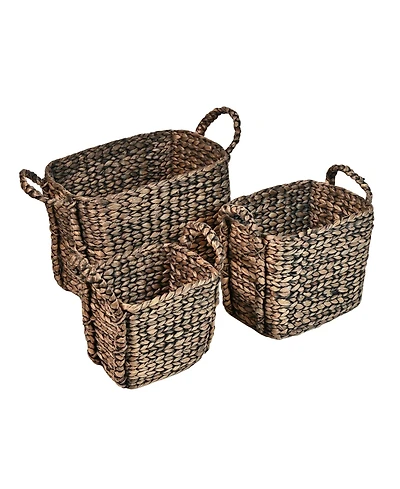 Clara Farmhouse Classic Hand-Woven Hyacinth Rectangle Storage Floor Baskets with Handles (Set of 3)