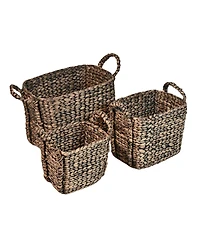 Clara Farmhouse Classic Hand-Woven Hyacinth Rectangle Storage Floor Baskets with Handles (Set of 3)