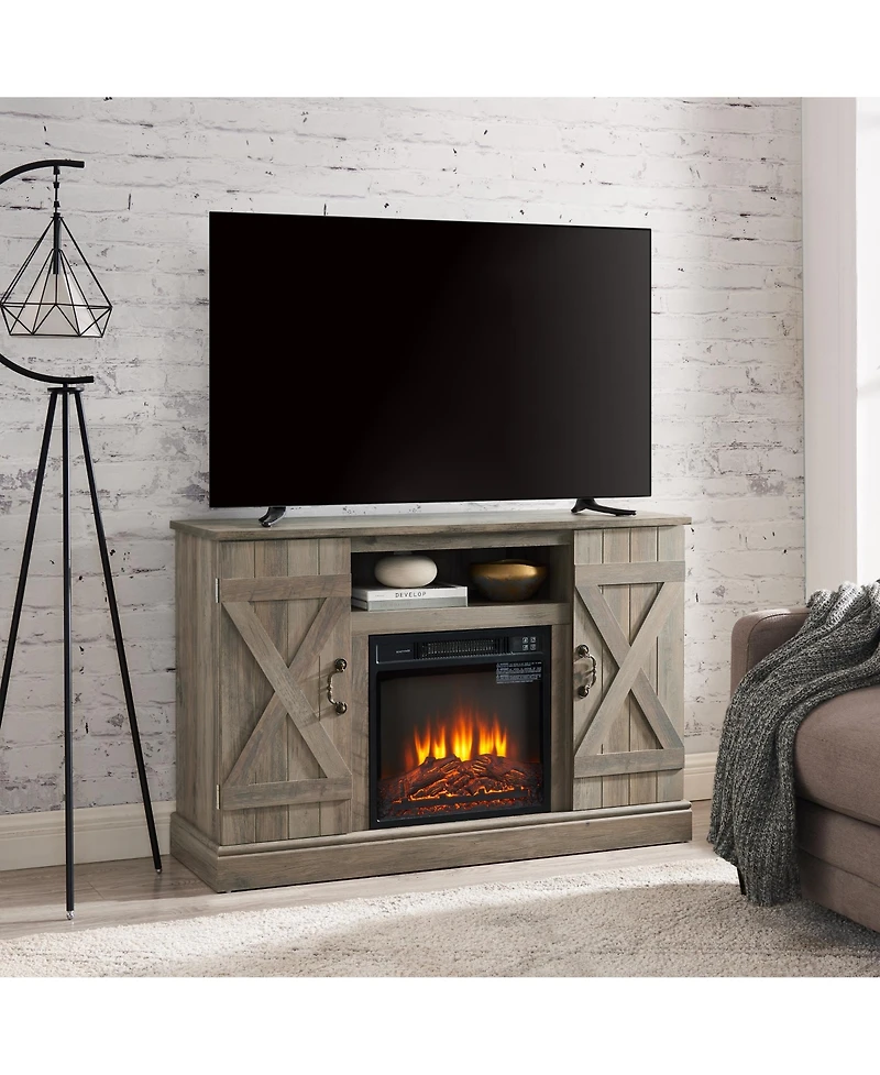 American retro Console Cabinet with 18" Electric Fireplace Insert with Open and Closed Storage Space