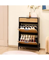 Slickblue Narrow Rattan Shoe Cabinet with 2 Flip Drawers and 1 Slide Drawer, Metal Legs