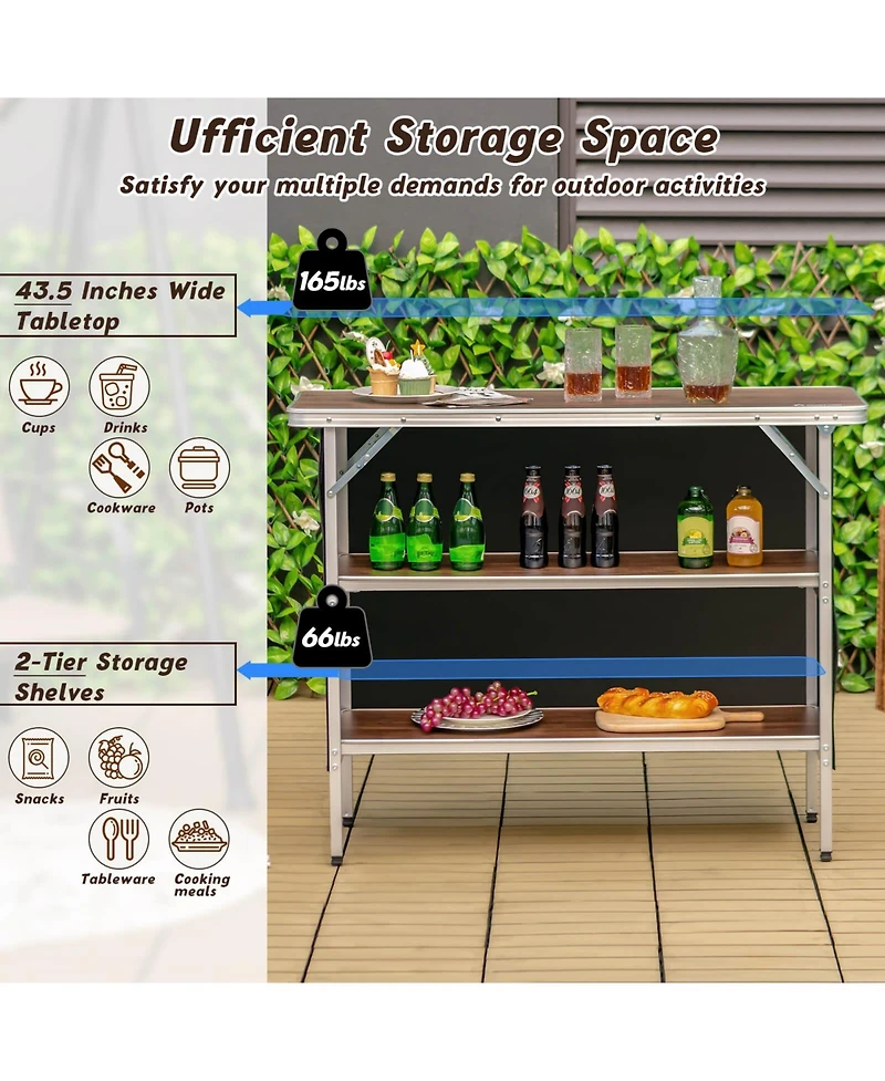 Akiudex folding camping table with 2-tier open shelves for outdoor bbq