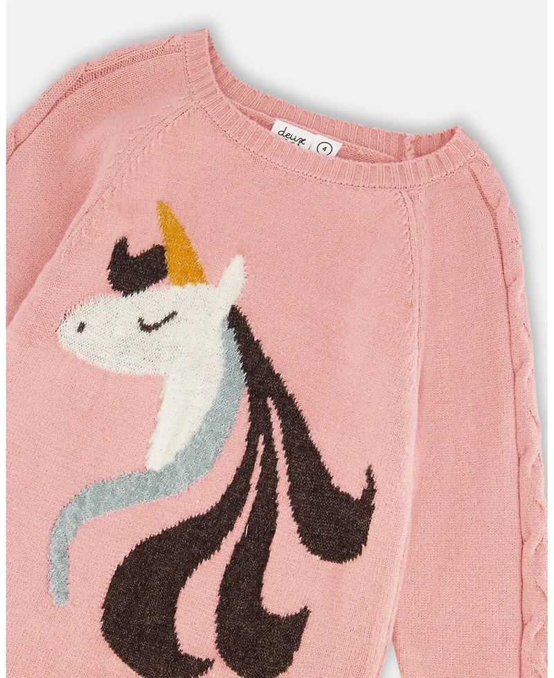 Deux par Girl Knitted Dress Dusty Pink with Unicorn Intarsia
