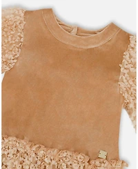Deux par Big Girls Puff Sleeve Bi-Material Velour and Lace Dress Light Caramel