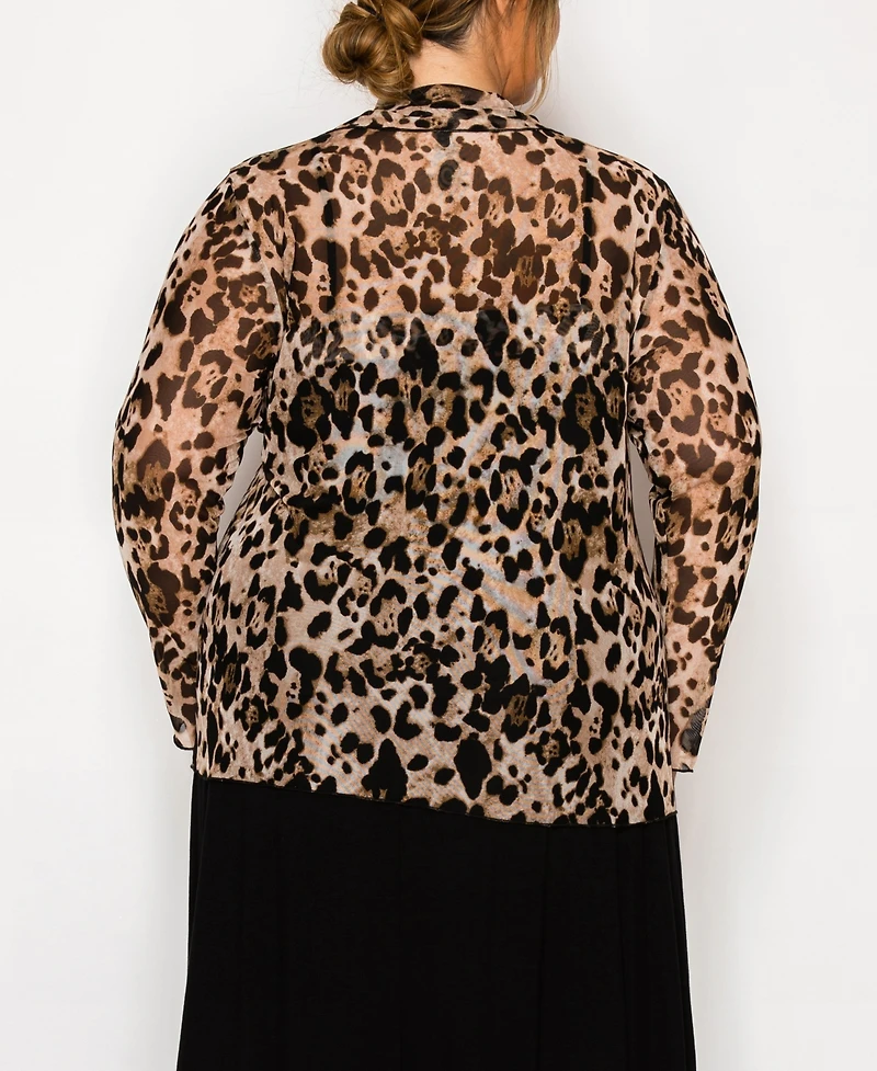 Coin 1804 Plus Leopard Mesh Button Front Long Sleeve Top