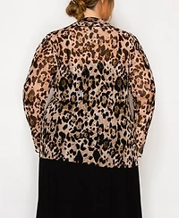 Coin 1804 Plus Leopard Mesh Button Front Long Sleeve Top