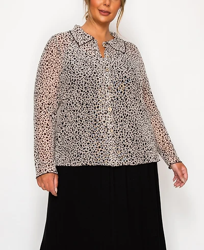 Coin 1804 Plus Leopard Mesh Button Front Long Sleeve Top