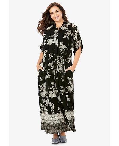 Woman Within Women's Roll-Tab Sleeve Crinkle Shirtdress