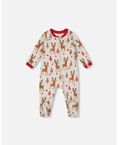 Deux par Baby Girl One-Piece Cotton Pajama Beige Girly Reindeer Print