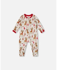 Deux par Baby Girl One-Piece Cotton Pajama Beige Girly Reindeer Print