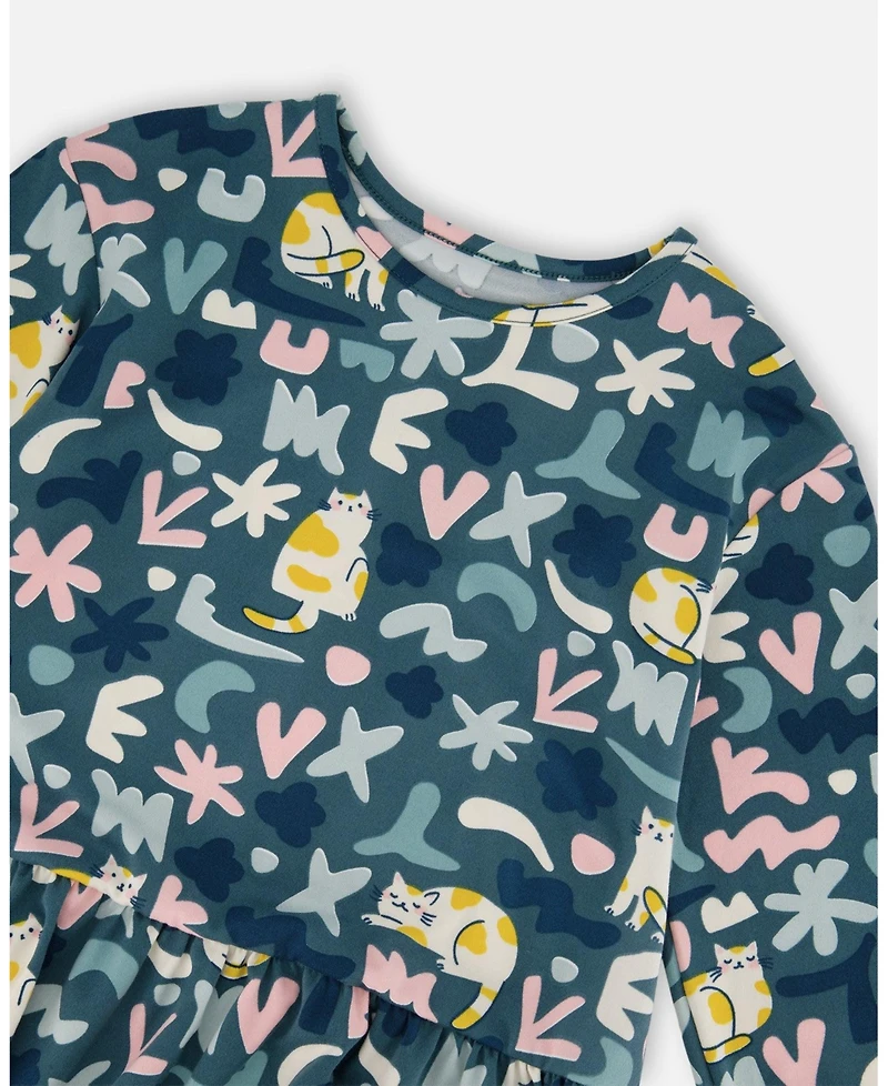 Deux par Big Girls Jersey Dress Green Cat Print