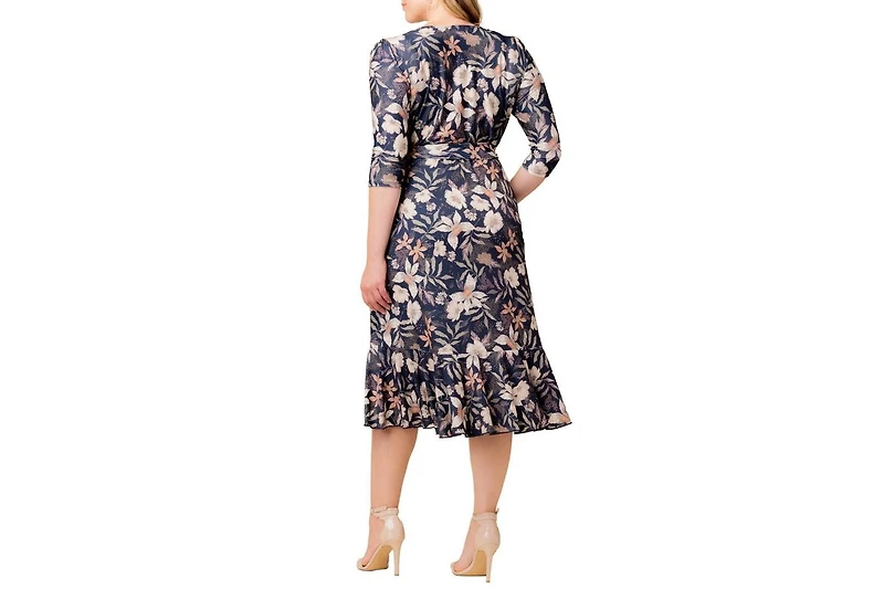 Kiyonna Plus Flirty Flounce Midi Wrap Dress with 3/4 Sleeves