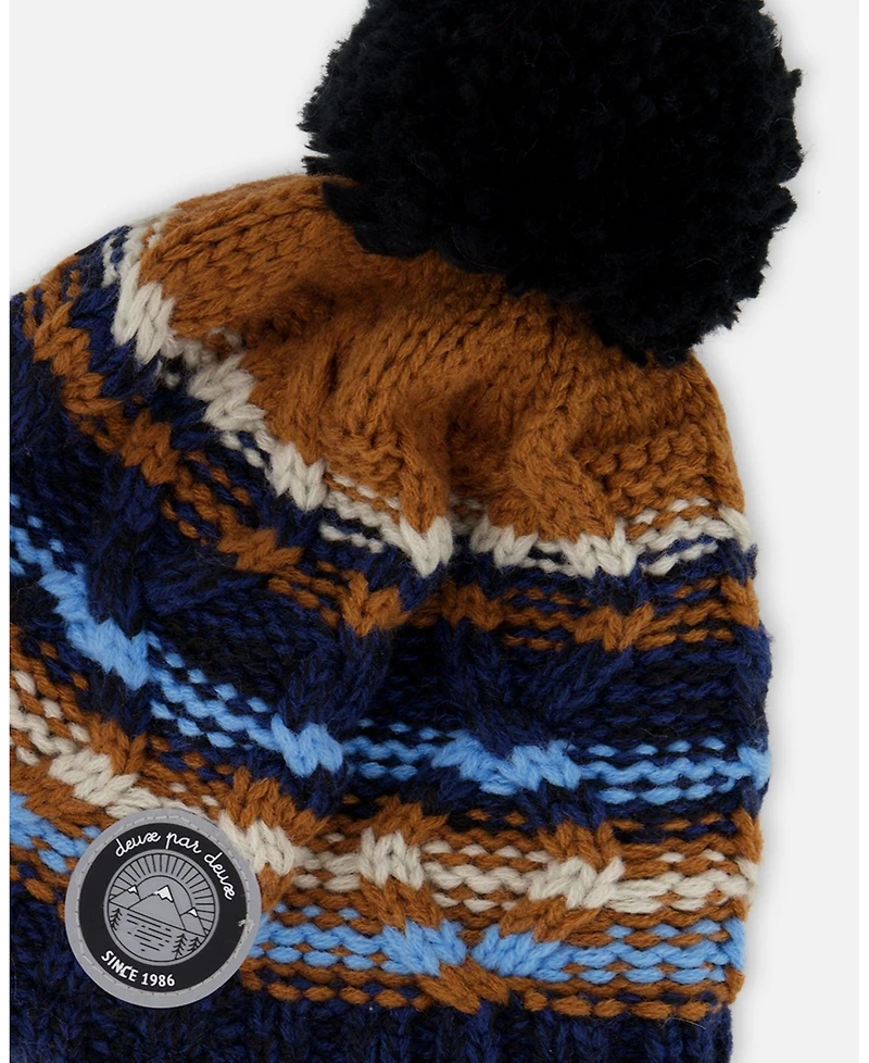 Deux par Boy Lined Peruvian Knit Winter Hat with Pompom Taupe and Navy - Toddler|Child