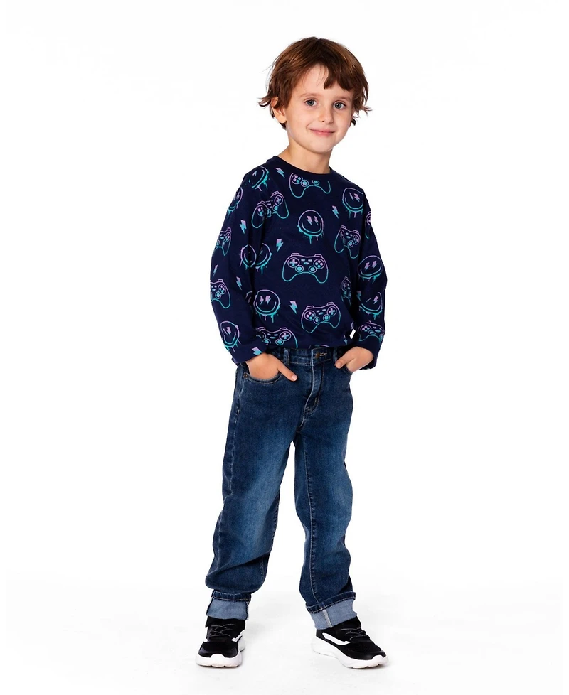 Deux par Boy Long Sleeve Cotton Allover Print Tee Navy Blue - Child