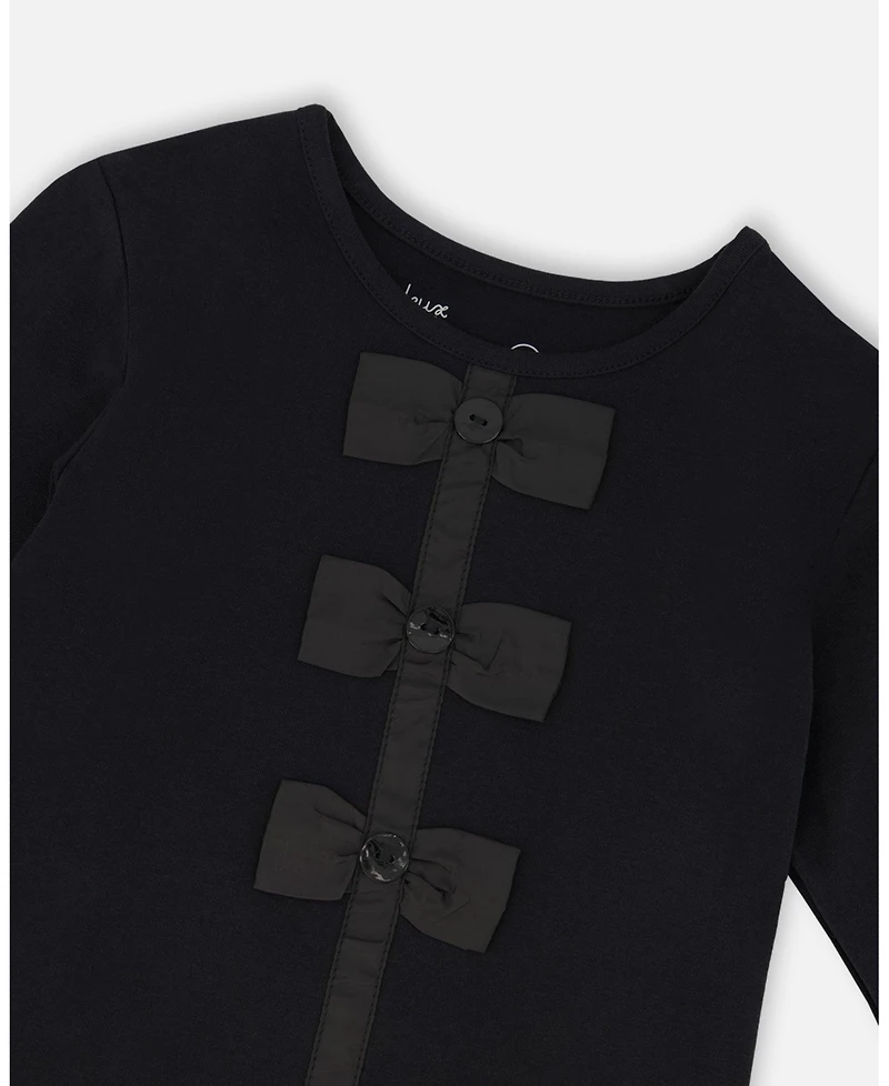 Deux par Girl Long Sleeve Cotton Jersey Bow Tee Black
