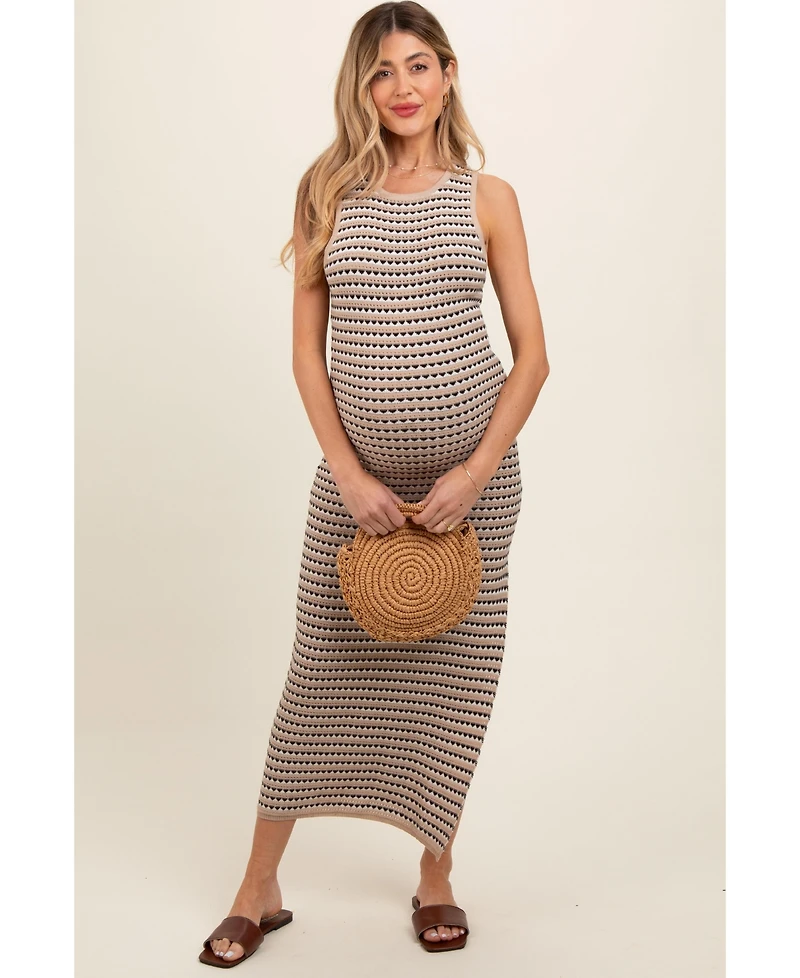Pinkblush Maternity Beige Striped Knit Fitted Sleeveless Maxi Dress