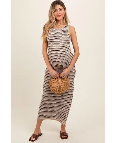 Pinkblush Maternity Beige Striped Knit Fitted Sleeveless Maxi Dress
