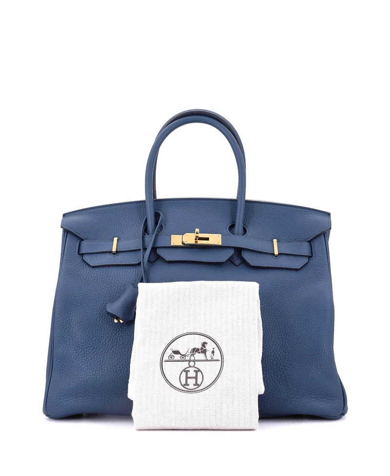 Pre-Owned Hermes Birkin Handbag Blue Clemence with Gold Hardware
