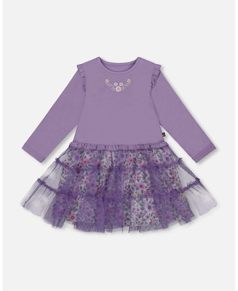 Deux par Baby Girls Bi-Material Dress with Muslin and Mesh Skirt Purple Gray