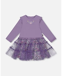 Deux par Baby Girls Bi-Material Dress with Muslin and Mesh Skirt Purple Gray