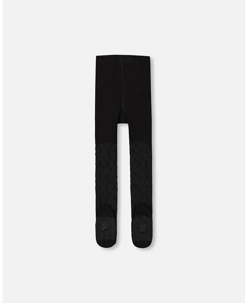 Deux par Baby Girl Knit Tights Black with Tone-On-Tone Star Pattern 