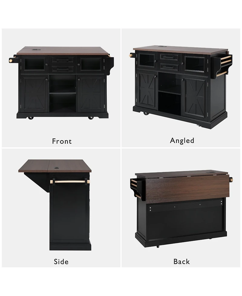 Casainc 54.9" Kitchen Island with Drop Leaf, Power Outlet, Storage Cart Glass & Barn Doors, 4 Shelves&Wheels (No Stools)