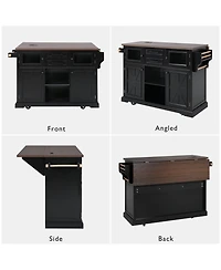 Casainc 54.9" Kitchen Island with Drop Leaf, Power Outlet, Storage Cart Glass & Barn Doors, 4 Shelves&Wheels (No Stools)