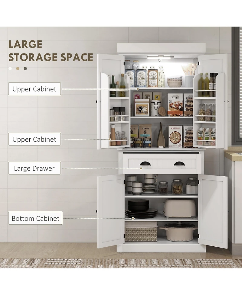 Homcom 71" Kitchen Pantry Cabinet with Large Storage and Led Lights,