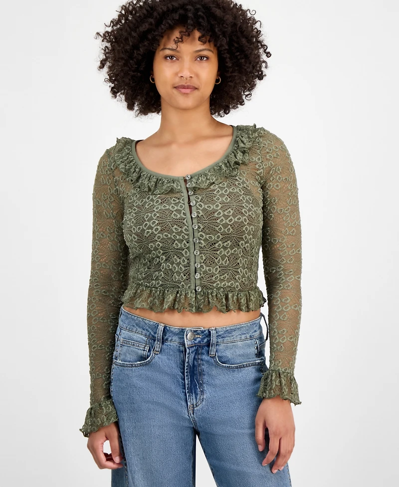 And Now This Women's Ruffle-Trim Stretch-Lace Crop Top, Macy's Exclusive