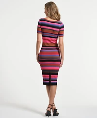 Isaac Mizrahi Women's Elbow Short Sleeve Striped Sweater Dress