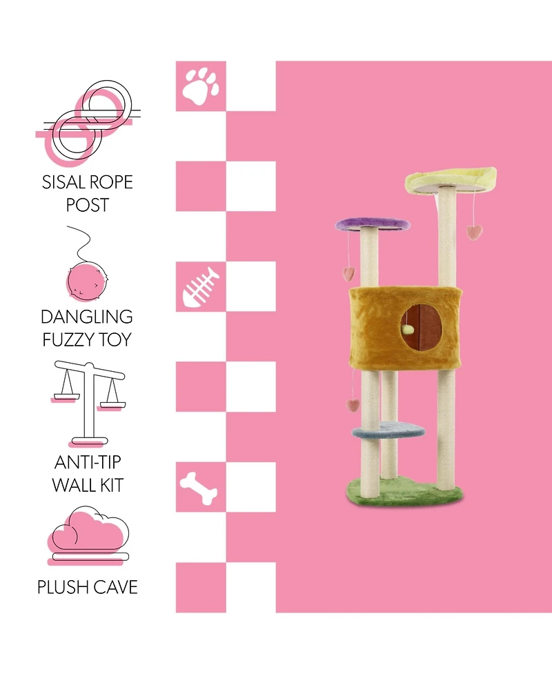 The Licker Store Aisling 51" 4-Tier Modern Sisal Heart Cat Tree with Scratching Posts, Napping Perch, and Dangling Toys, Multi
