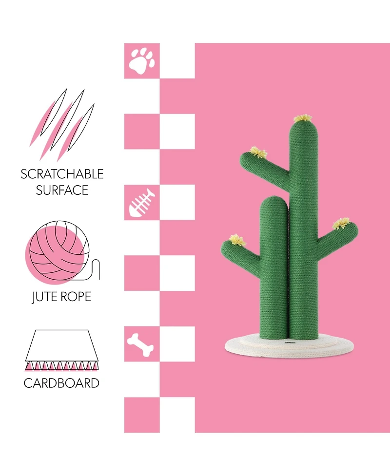 The Licker Store Socorro 34.25" Modern Jute Double-Cactus Cat Scratching Post with Flower Toys, Green/White