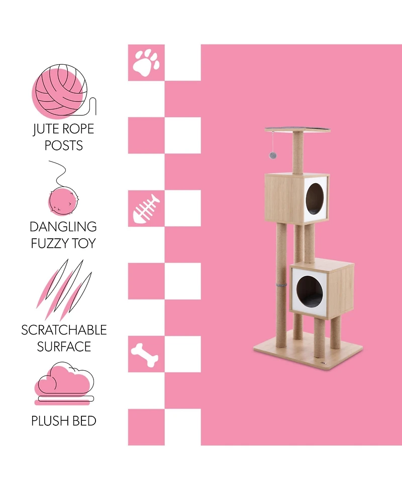 The Licker Store Sawyer 56" 3-Tier Minimalist Jute Cat Tree Condo with Scratching posts, and Fuzzy Toy, Brown/White