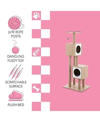 The Licker Store Sawyer 56" 3-Tier Minimalist Jute Cat Tree Condo with Scratching posts, and Fuzzy Toy, Brown/White